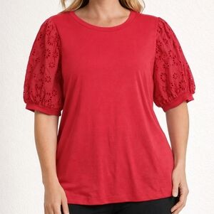 Women's Pinkish Red Eyelet Sleeve Top